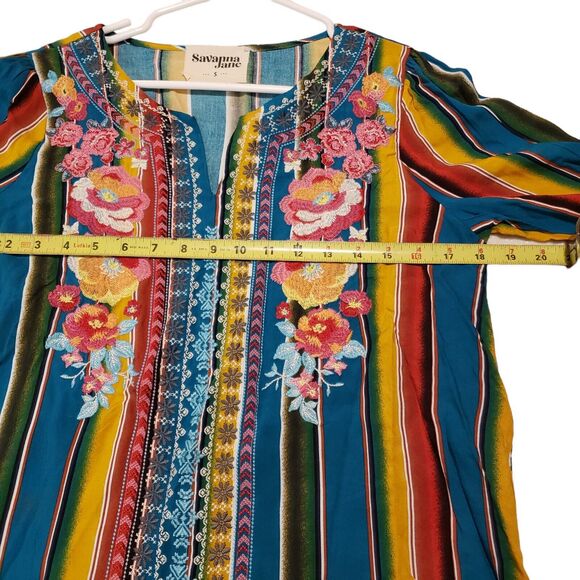 Savanna Jane Size Small Serape Stripe Embroidered Bell Sleeve Boho Tunic Blouse - Picture 4 of 9